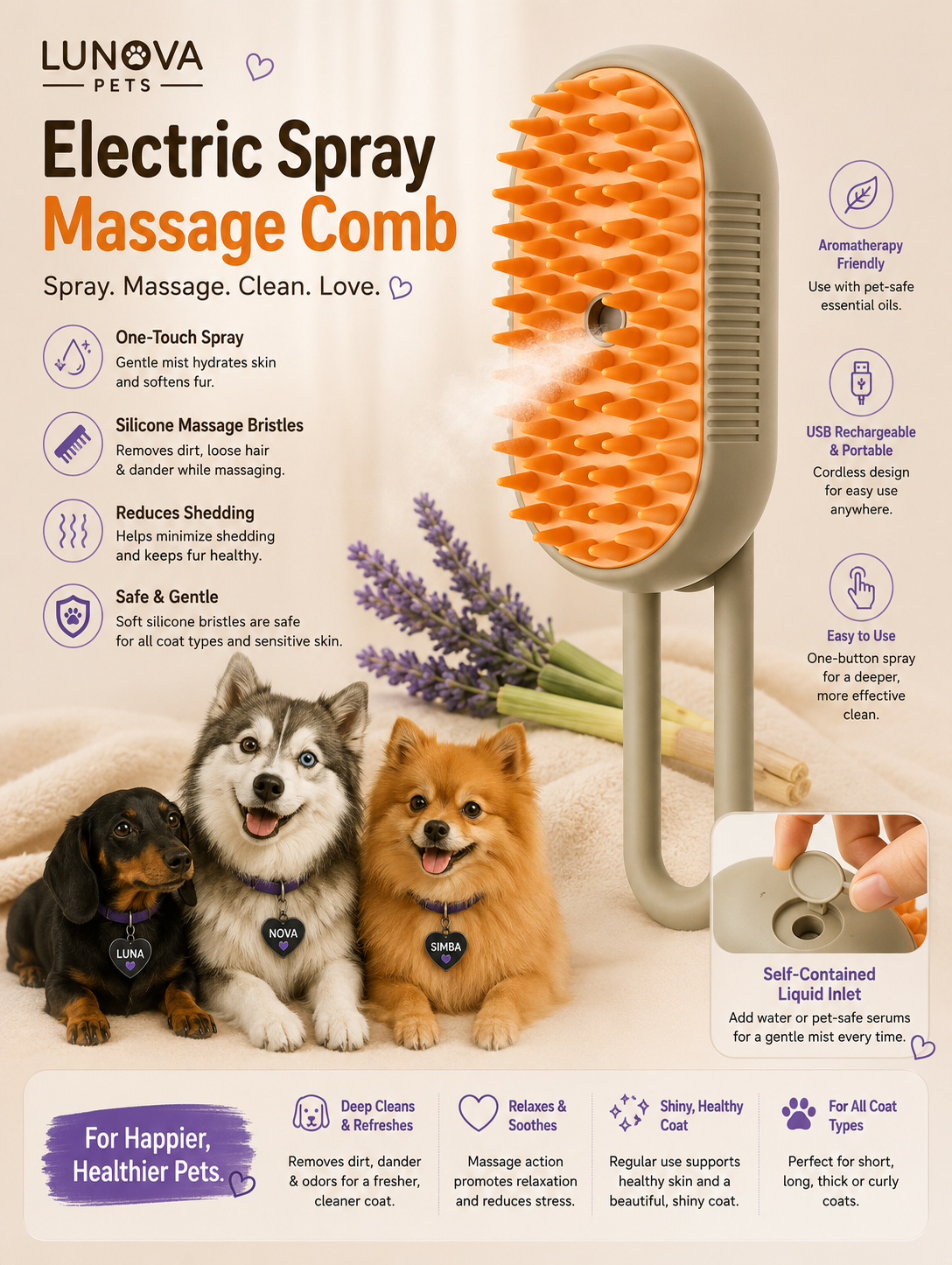 3-in-1 Electric Steam Pet Grooming Brush