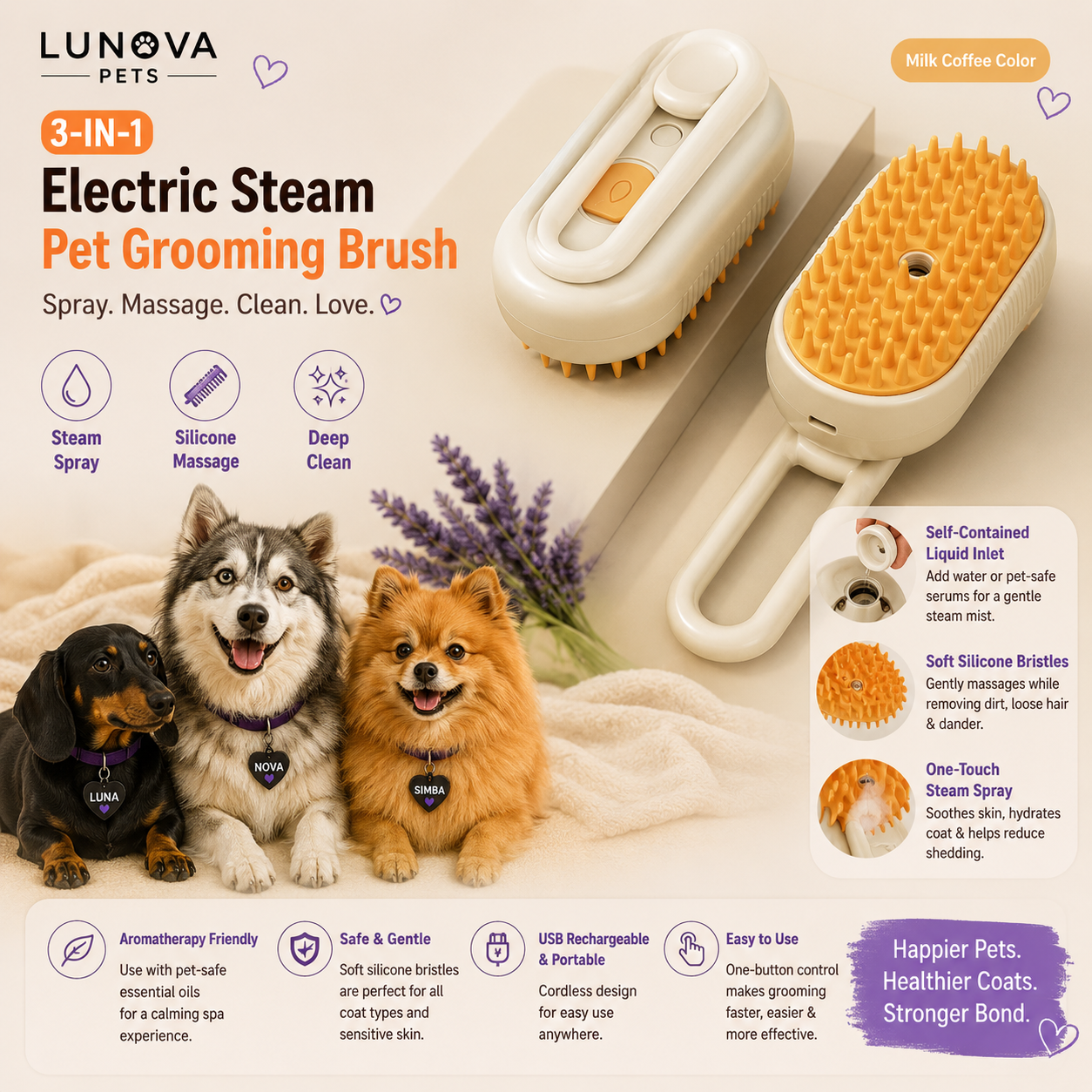 3-in-1 Electric Steam Pet Grooming Brush