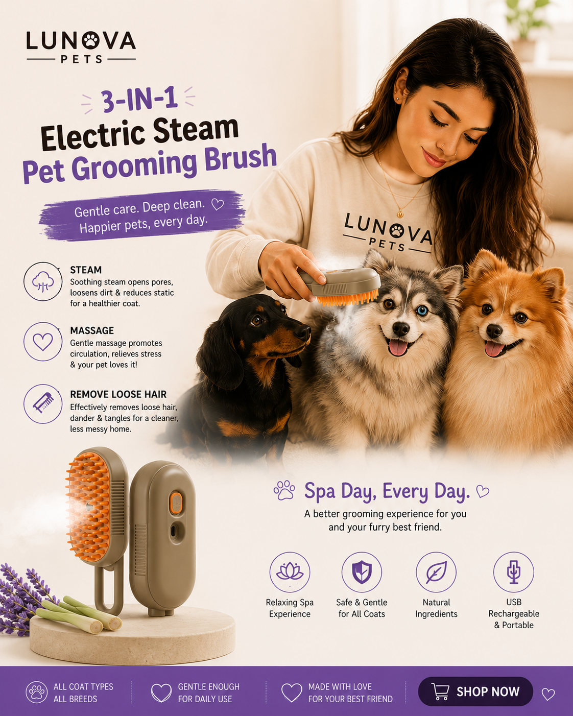 3-in-1 Electric Steam Pet Grooming Brush
