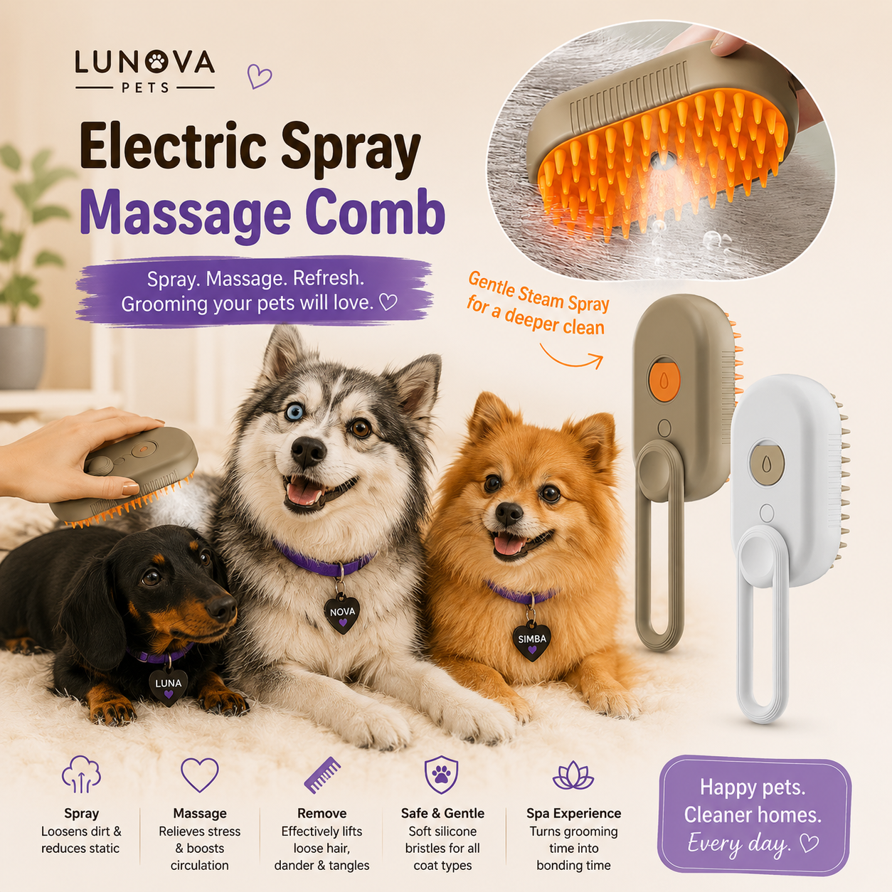 3-in-1 Electric Steam Pet Grooming Brush